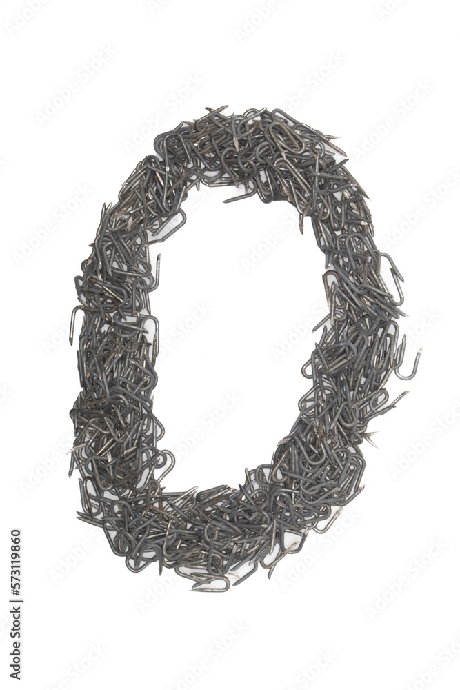 Obraz premium artistic number zero 0 made from steel staples isolated on a white background numeric, numeral, nothing, none, 