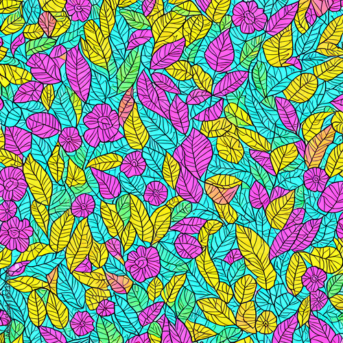 flower and leaf repetitive pattern background colorful pen line drawing