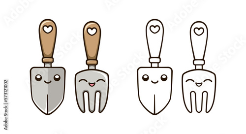 Kawaii garden shovel and hand fork rake cute cartoon outline line art illustration. Gardening farming agriculture coloring book page activity worksheet for kids