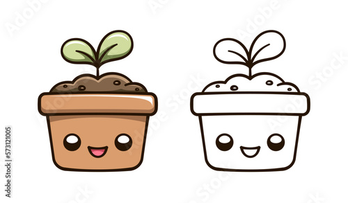 Kawaii seedling sprout in a flower pot cute cartoon illustration. Plant growth process cycle. Gardening farming agriculture coloring book page activity worksheet for kids