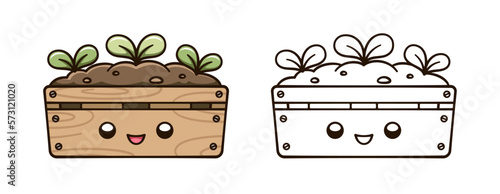 Kawaii Sprout plant growing from a wooden crate cute cartoon outline line art illustration. Gardening farming agriculture coloring book page activity worksheet for kids