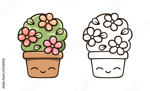 Indoor house plant, kawaii flower pot cute cartoon outline line art illustration. Gardening farming agriculture coloring book page activity worksheet for kids