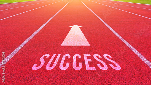 Success text written on an athletics track concept for business planning strategies and challenges or career path opportunities and change, road to success concept