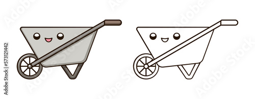 Empty steel wheelbarrow kawaii cartoon outline line art illustration. Gardening farming agriculture coloring book page activity worksheet for kids