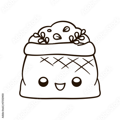Burlap sack full of dirt and soil cute kawaii cartoon outline line art illustration. Gardening farming agriculture coloring book page activity worksheet for kids.