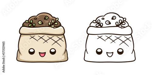 Burlap sack full of dirt and soil cute kawaii cartoon outline line art illustration. Gardening farming agriculture coloring book page activity worksheet for kids.