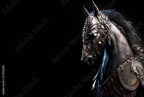  Black horse on black, Medieval knights black warhorse made of metal and full of armor. Fantasy image created with generative ai. photo