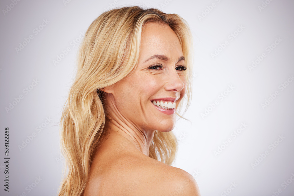 Skincare, happy and mature woman in studio for beauty, wellness and grooming on grey background space. Cosmetic, body care and female model relax in luxury, hygiene and dermatology while isolated Skincare, happy and mature woman in studio for beauty, wellness and grooming on grey background space. Cosmetic, body care and female model relax in luxury, hygiene and dermatology while isolated