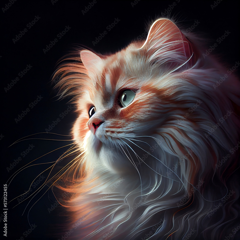 Beautiful fat persian cat with big attentive fur on black background and white lights