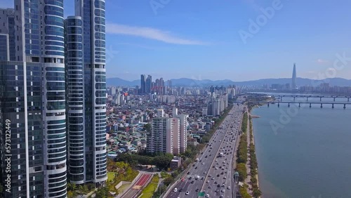 Aerial view of Seoul City Skyline at Han river in Seoul,South Korea