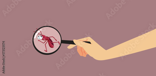 Hand with Magnifying Glass Discovered a Scared Cockroach Vector Illustration. Funny bug afraid of pest control worker 