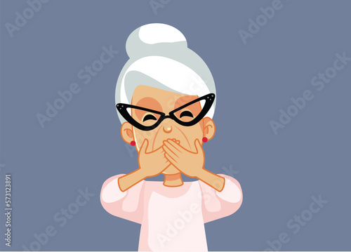 Senior Woman Feeling Sick or Keeping Secrets Vector Cartoon Illustration. Sad granny feeling nauseated or shocked reacting surprised
