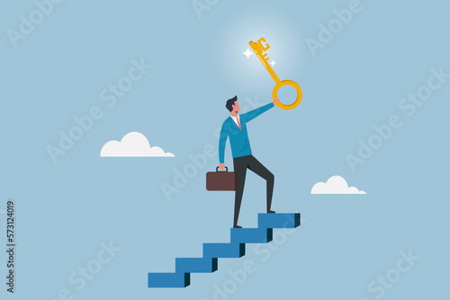 Businessman winner walk up to the top of stairway lifting golden success key to the sky, key to business success, stairway to find big success or achieve career target concept