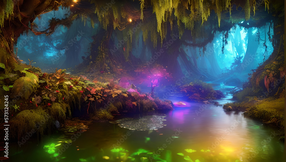 Colorful Light Lit Fantasy Forest with Pond, Trees Low Hanging Branches with Vines Background Wallpaper Generative AI illustration