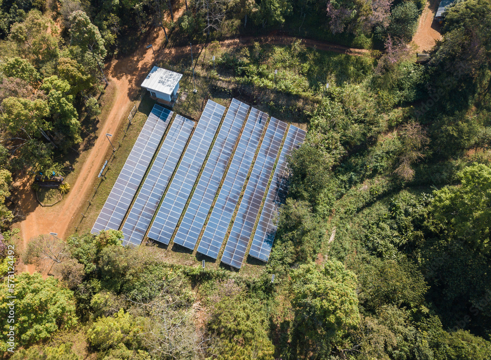 Aerial view of Solar cell panels installation on Pangkhon mountain in ...
