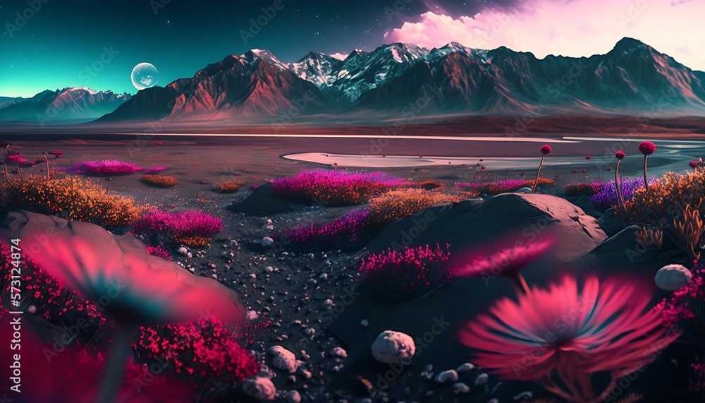 a plain valley full of wildflowers, with a beautiful background of snowy mountains behind, spring ocean waves, pink peach petals floating with Generative AI Technology.