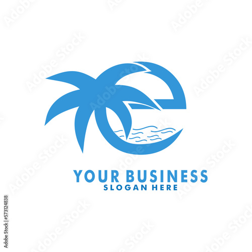 Initial letter E with Palm and wave logo vector, Resort logo vector