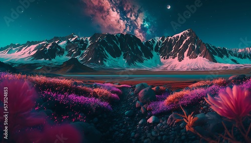 Wallpaper Mural a plain valley full of wildflowers, with a beautiful background of snowy mountains behind, spring ocean waves, pink peach petals floating with Generative AI Technology. Torontodigital.ca