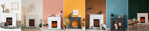 Collage of fireplaces with different domestic decorations near walls in rooms