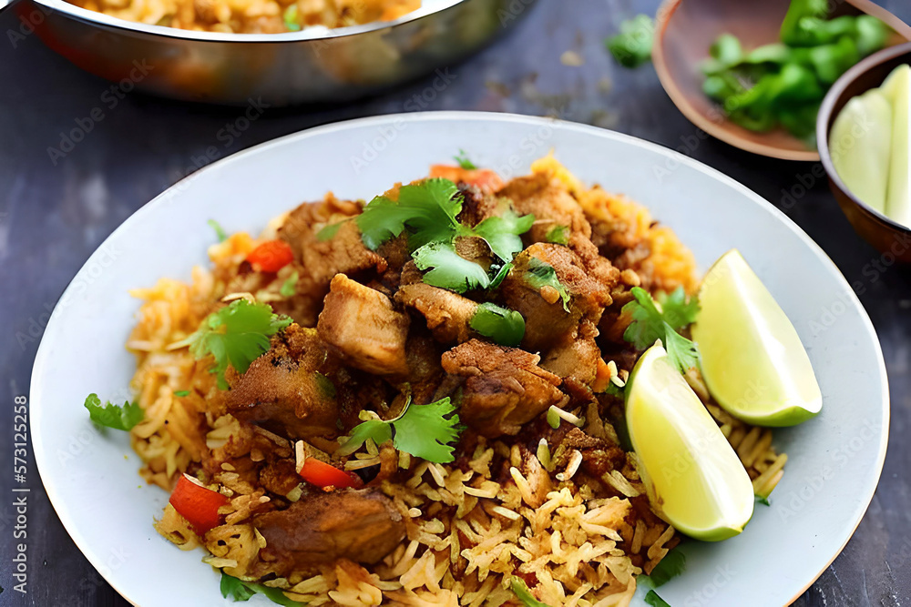 AI generated image of a serving of the mutton briyani. Briyani is a popular South Asian dish AI generated image of a serving of the mutton briyani. Briyani is a popular South Asian dish
