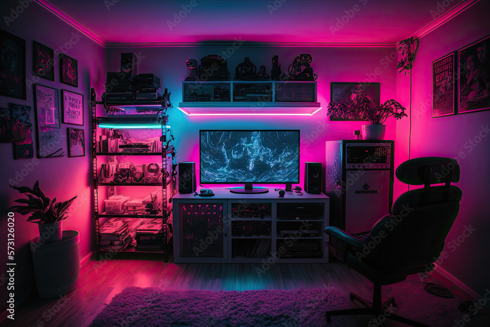 neon light's gaming room interior , ai generated Stock