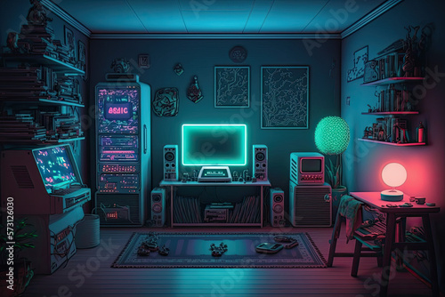 neon light's gaming room interior , ai generated photo