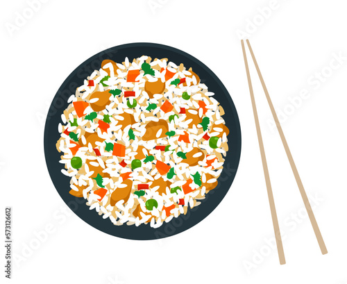 fried rice with chicken meat carrot green peas pepper on plate chopsticks top view vector illustration