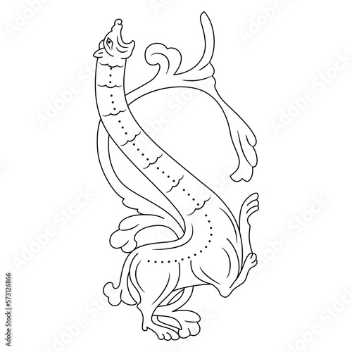 Fototapeta Naklejka Na Ścianę i Meble -  Medieval dragon with long neck and tail as floral branch. Medieval illuminated manuscript style. Black and white linear silhouette.