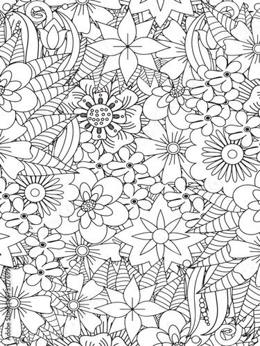 Doodle floral drawing. Art therapy coloring page. Vector black and white coloring page for coloring book. Leaves and flowers in monochrome colors. Doodles pattern. seamless ornament print. 