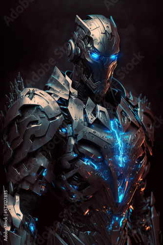 A cybernetic knight glowing blue eyes. Generative ai illustration