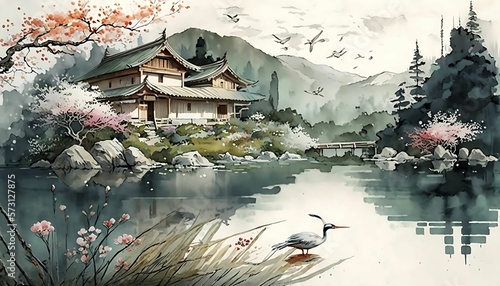 Japan landscape with lake house, birds, fish and lots of flowers, watercolor style with Generative AI Technology.