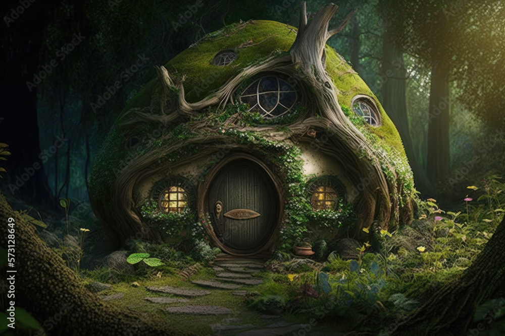 Hobbit house with overgrown roof in fantasy forest, generative AI