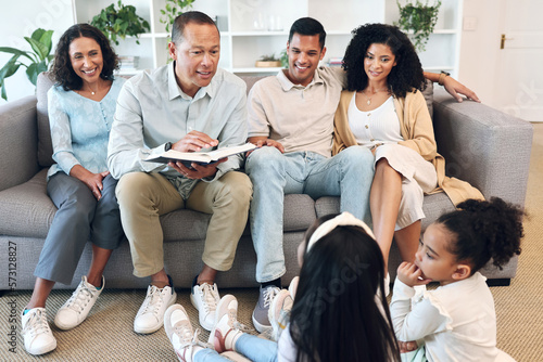 Fényképezés Senior family, children and reading book for learning, teaching and bible knowledge, spiritual development or education