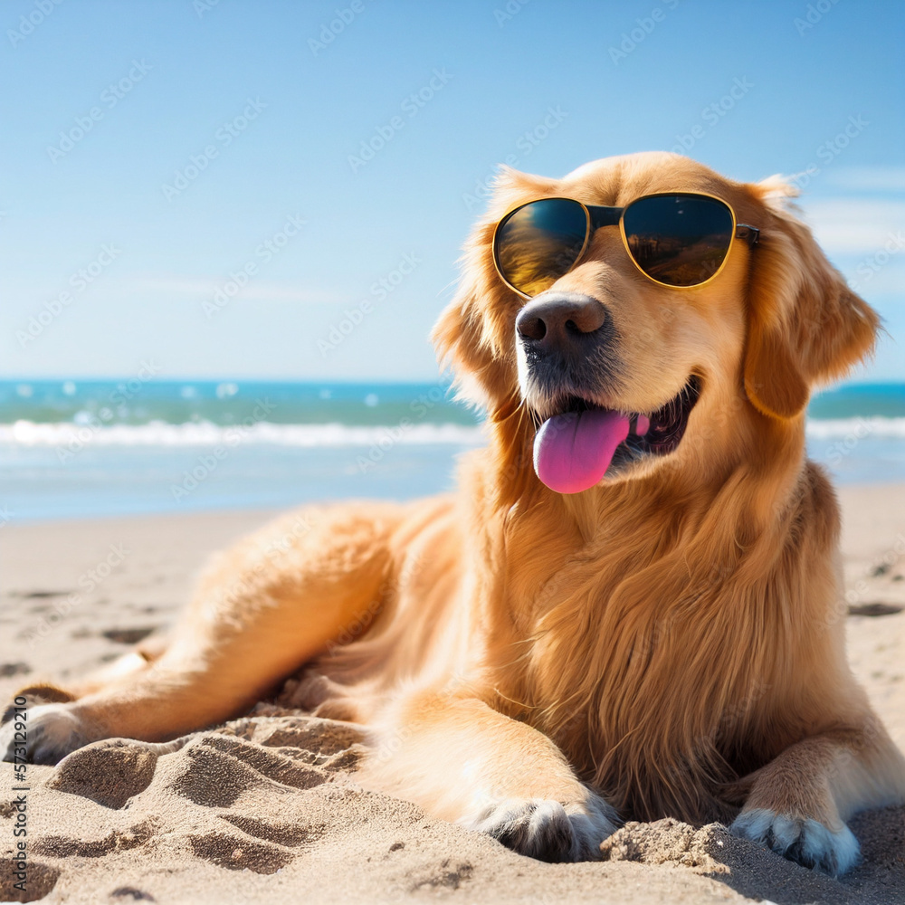Golden retriever dog in sunglasses on the beach