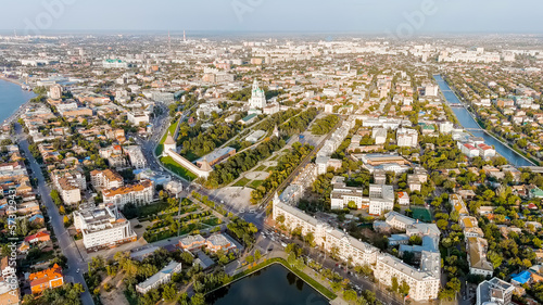 Astrakhan, Russia. View of the Astrakhan Kremlin from the Volga River, Aerial View © nikitamaykov