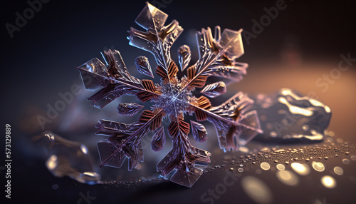 Extreme closeup of natural snowflake, generative Ai