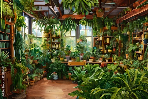 An expensive painting illustration of a room full of plants