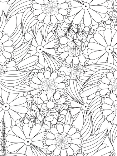 Doodle floral drawing. Art therapy coloring page. Vector black and white coloring page for coloring book. Leaves and flowers in monochrome colors. Doodles pattern. seamless ornament print.