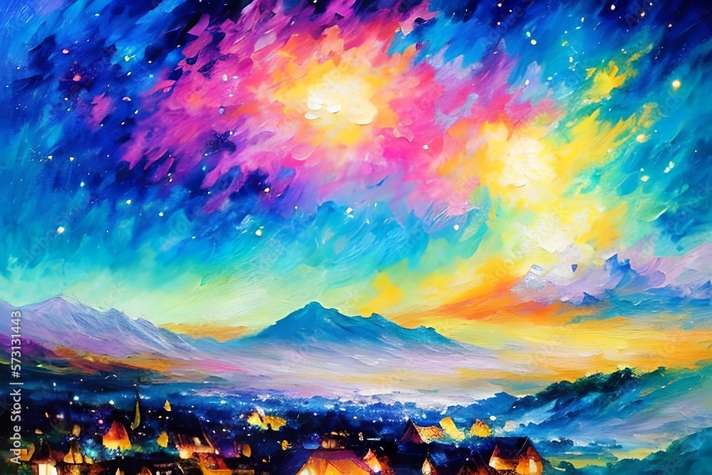 Illustration of colorful sky and housing