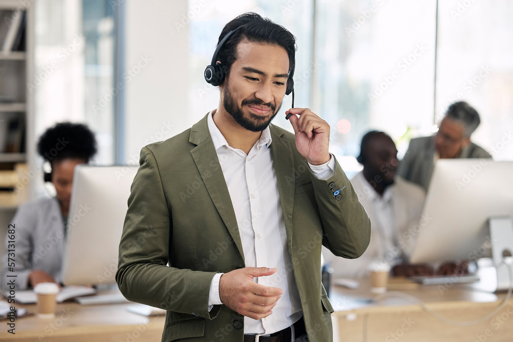 Call center, smile and consulting with man in office for customer support, telemarketing and advisory. Help desk, team leader and contact us with employee listening for communication, sales and crm