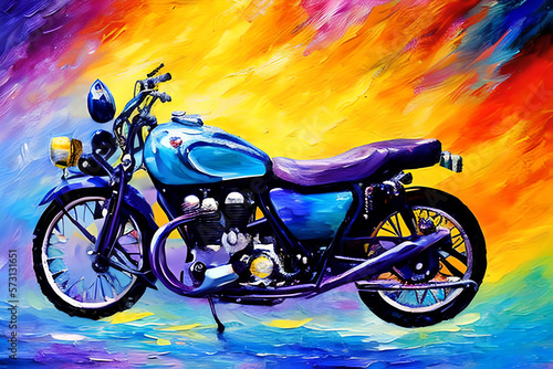 Illustration of a colorful sky and a vintage motorbike