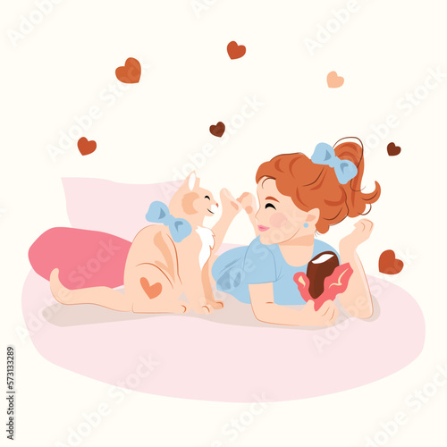 Vector illustration for National Pet Month, cat fidelity day, cat day. Girl eating ice cream with her pet  on bed. Hearts background. Cute cat and a girl.