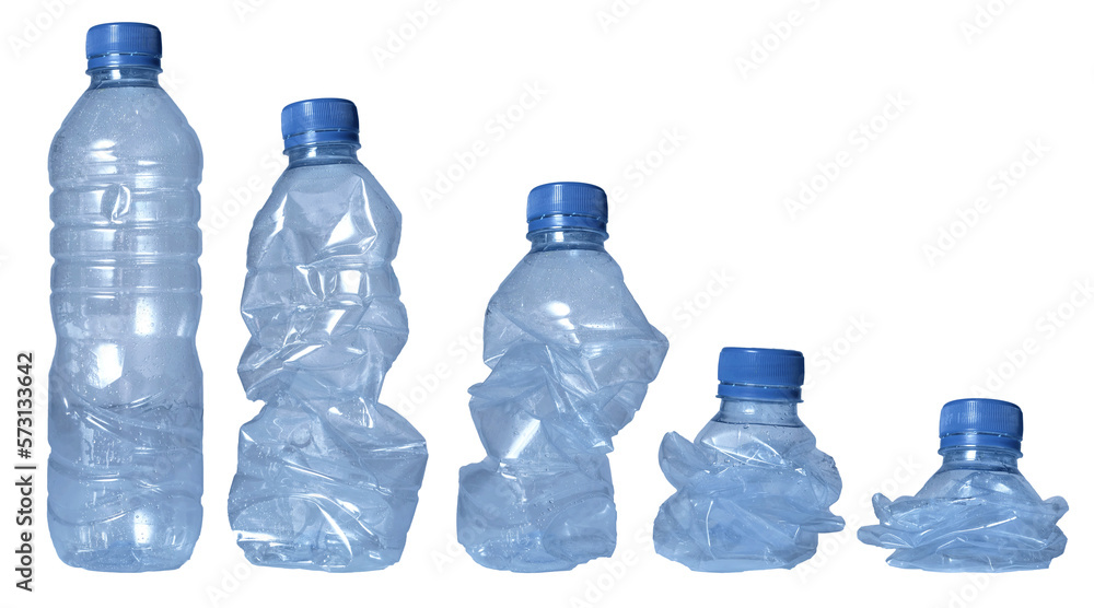 Set of crumpled plastic water bottle in various shape, isolated cut out - obrazy, fototapety, plakaty 