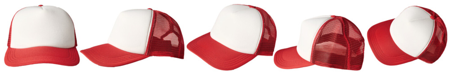 Set of red and white trucker cap hat mockup template collection, various angle isolated cut out