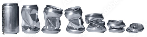 Set of crumpled Energy drink soda can in various shape, isolated cut out object photo