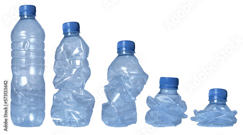 Set of crumpled plastic water bottle in various shape, isolated cut out