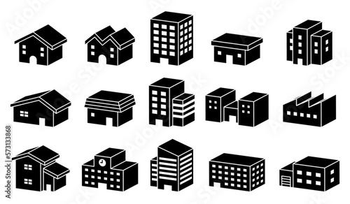 建物立体シルエットアイコンセット	