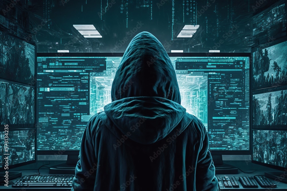 Hooded hacker committing cyber crime, view from back. Cybercriminal working on computer, an anonymous programmer. Generative AI illustration Hooded hacker committing cyber crime, view from back. Cybercriminal working on computer, an anonymous programmer. Generative AI illustration