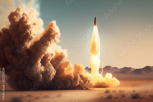 a rocket launching from a desert landscape, with a trail of dust and smoke left in its wake Generative AI