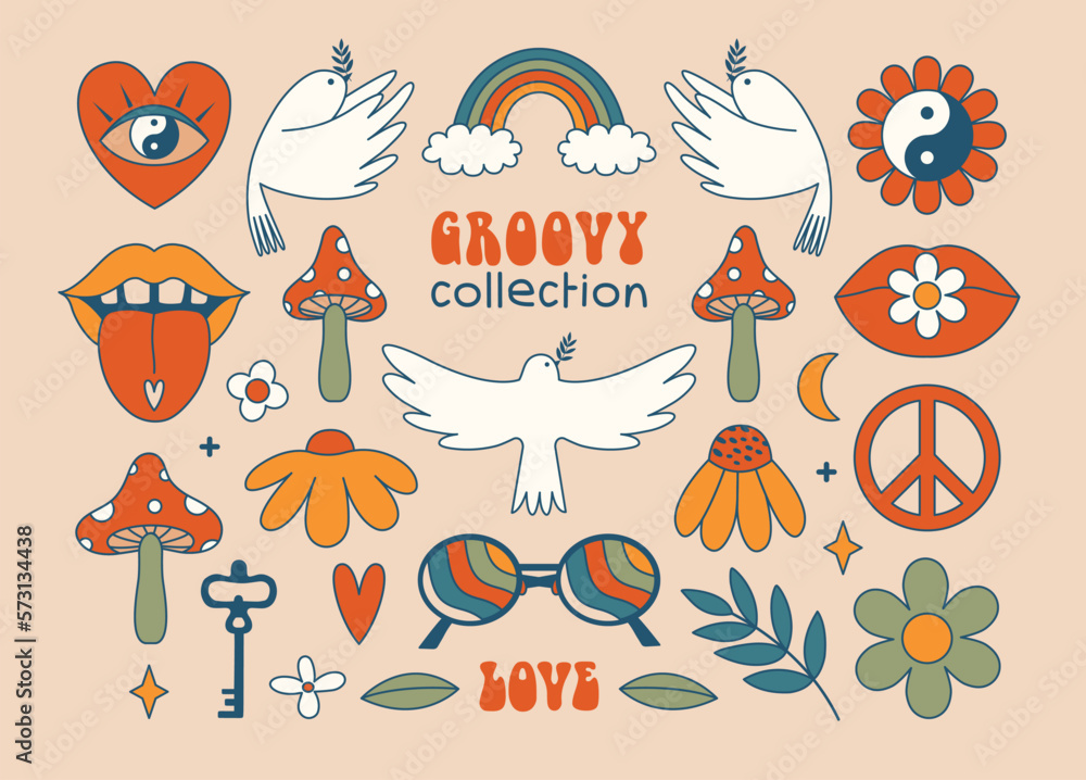 Set of groovy psychedelic stickers. Hippie celestial esoteric illustrations. Flat design. 60's, 70's concept. Modern abstract clip arts with amanita, eye, flower, plant, yin yang, rainbow, lips, dove